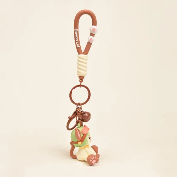 Devon Cat keychain featuring a cute cat in turtle costume with brown carabiner clip