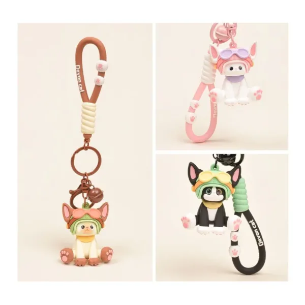 Devon Cat keychain collection featuring cats in aviator goggles with colorful carabiner clips