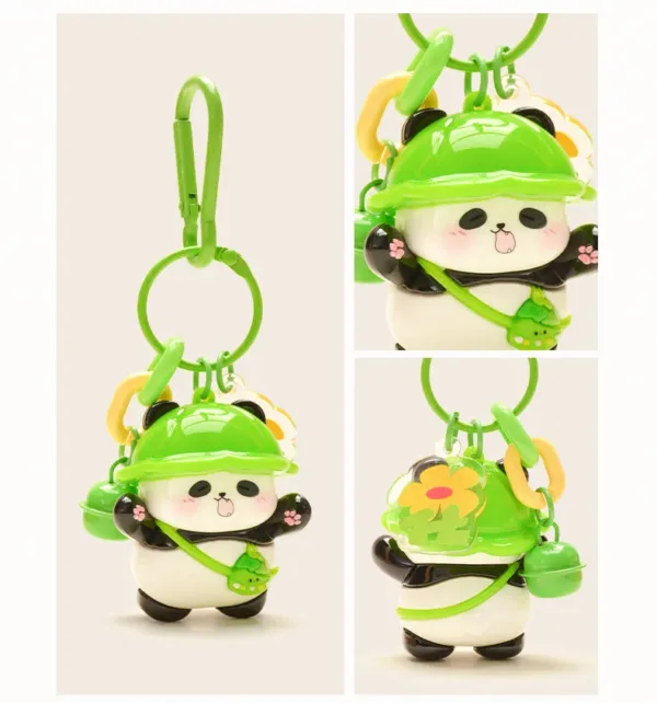 Three views of Green cute panda keychain