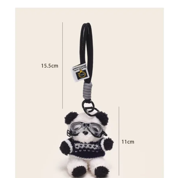 Plush panda keychain with goggles and sweater, 11cm tall with 15.5cm strap