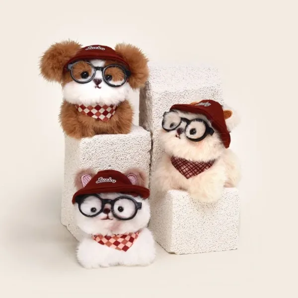 Three plush toy dogs wearing Lucky baseball caps, round glasses, and checkered bandanas
