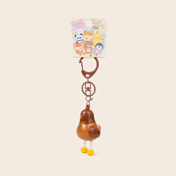 Brown chicken-shaped keychain with yellow feet and cute animal character packaging card