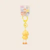 Cute yellow chick keychain with dangling legs and orange feet on colorful animal backing card