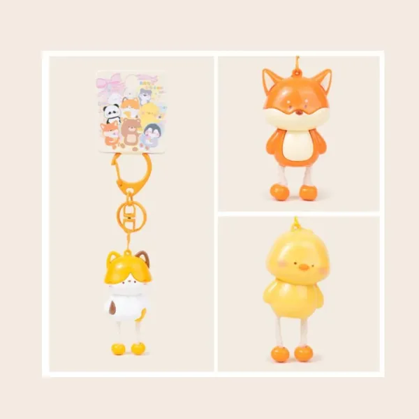 Cute kawaii animal keychains featuring fox, cat, and chick figures with dangling legs