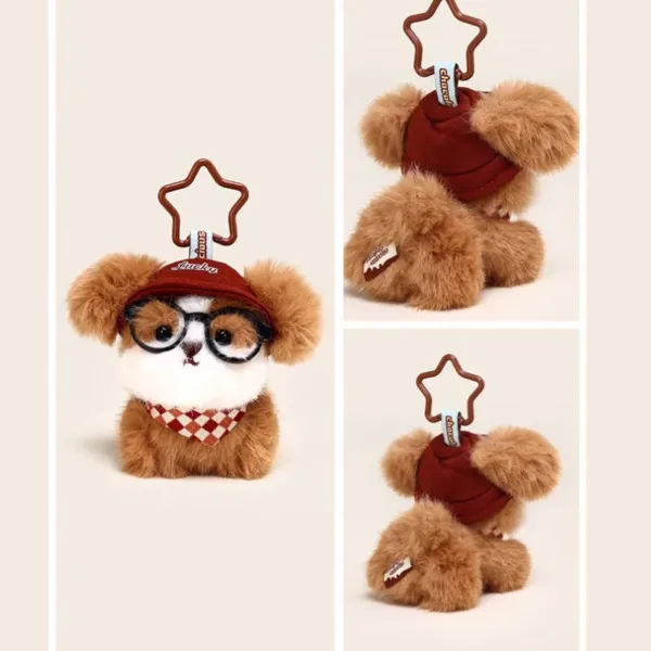 Fluffy brown teddy bear keychain with glasses, red Huhu cap, checkered bandana, and star clip