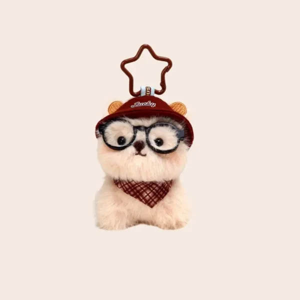 Fluffy white plush bear keychain wearing Lucky cap, glasses, and plaid bandana