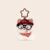 Fluffy white cat plush keychain wearing Lucky red cap, glasses, and checkered bandana