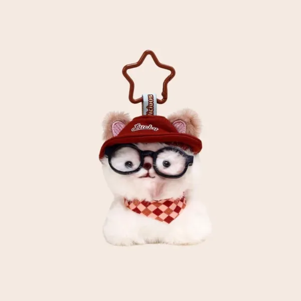 Fluffy white cat plush keychain wearing Lucky red cap, glasses, and checkered bandana