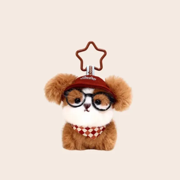 Plush brown teddy bear keychain wearing Lucky cap, round glasses, and checkered bandana