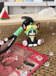 Devon Cat keychain figurine with tuxedo cat wearing yellow goggles and green hat
