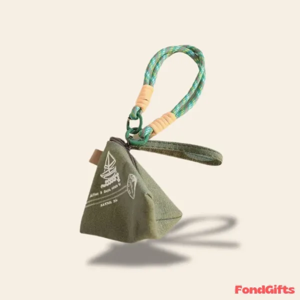 Olive green triangular canvas coin pouch with rope wristlet and carabiner clip