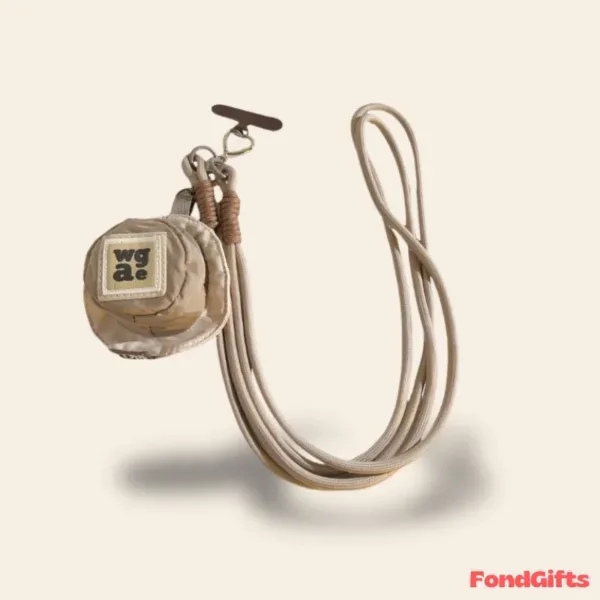 Beige camouflage phone lanyard with small pouch featuring wgae logo and clip attachment