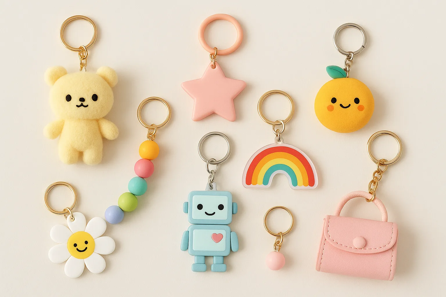 Flat-lay of quirky keychains and cute bag charms in pastel colors