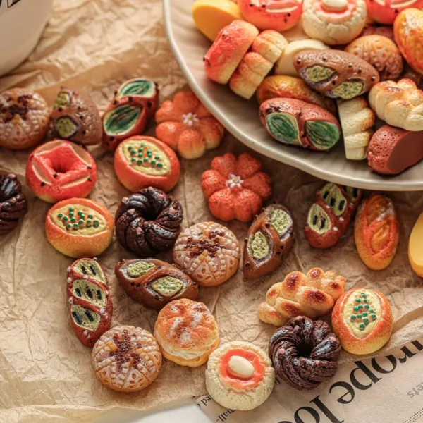 Assorted miniature decorative bread and pastry charms on brown paper and plate