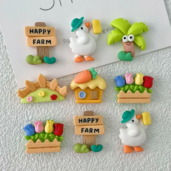 Cute Happy Farm resin charms featuring ducks, tulips, carrots, and wooden signs