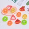 Colorful resin fruit slice charms including watermelon, orange, lemon, and kiwi on pink tray