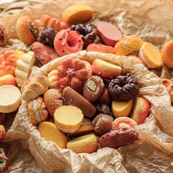Assorted colorful petit fours and miniature pastries arranged on crinkled parchment paper