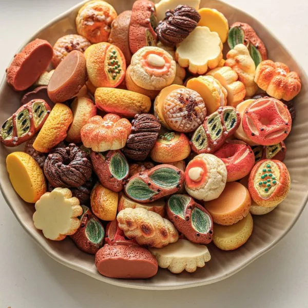 Colorful assortment of traditional petit fours and decorated cookies on a beige plate