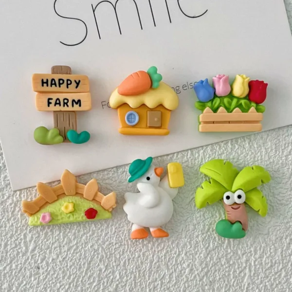 Cute Happy Farm resin charms featuring duck, cottage, tulips, fence and palm tree