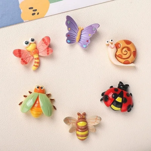 Colorful resin fridge magnets featuring dragonfly, butterfly, snail, beetle, ladybug, and bee