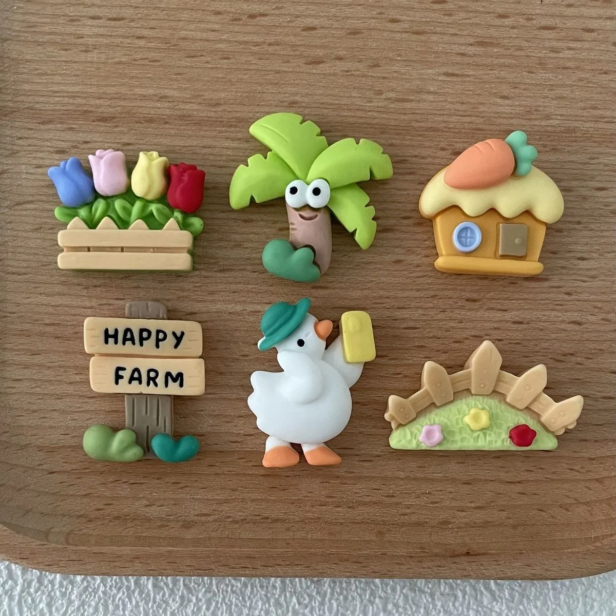 Cute Happy Farm themed resin charms with tulips, palm tree, cottage, duck, and fence