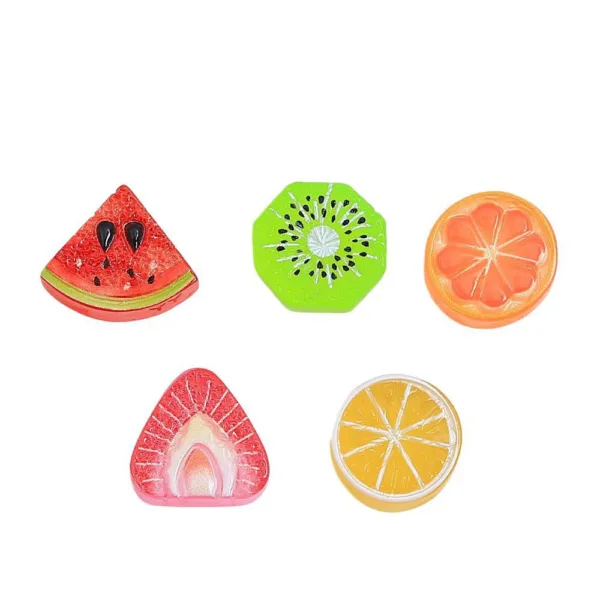 Five colorful resin fruit slice charms featuring watermelon, kiwi, orange, strawberry, and lemon