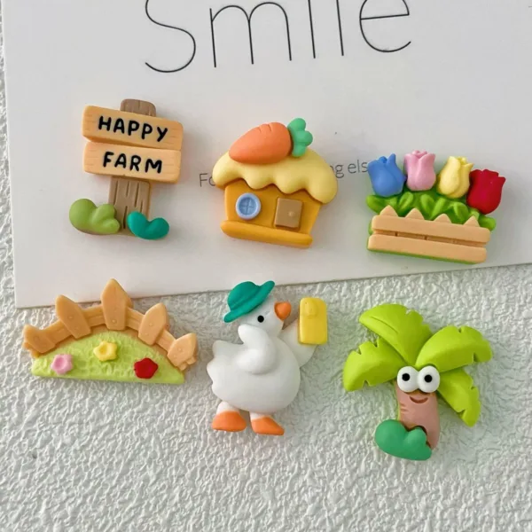 Cute farm-themed resin charms featuring Happy Farm sign, cottage, tulips, duck, and carrot
