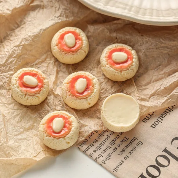 Six Chinese almond cookies with red icing centers on crinkled brown paper and newspaper